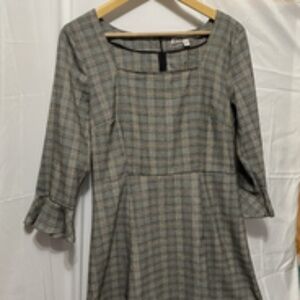 gypsies & moondust L dress Long Flounce Sleeve Zip Square Neckline Brown Tweed